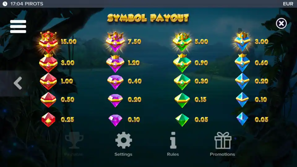 Pirots paytable